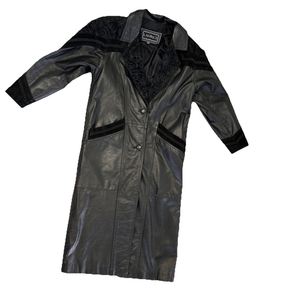 Laurice Vintage Leather Trench Coat Duster Western Geometric Cable Knit Black M